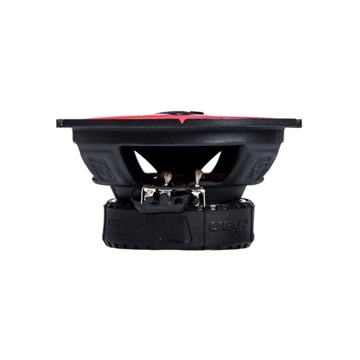 A black and red Cerwin Vega car speaker, Vega Series 6"x8" 2-Way Coaxial with a 1" titanium tweeter, is shown from the side against a white background. It features a sturdy frame with visible wiring terminals and a red cone enclosed by sleek black mesh.