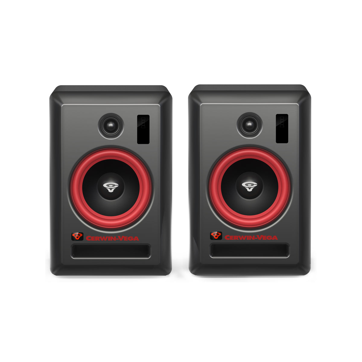 The VEGA6SB-PR 6” 2-Way Studio Monitor Pair (Hub/Sat) features sleek black monitors with red accents around the speaker cones, Cerwin-Vega logos at the bottom, and rectangular ports beneath. They offer Bluetooth 5.0, Digital Signal Processing, and a modern glossy finish.