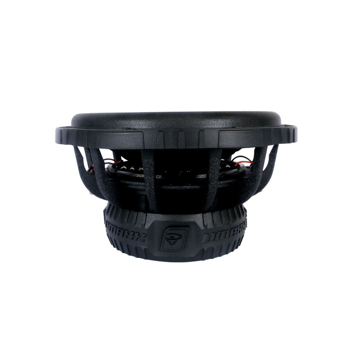 Side view of the VMAXX 15" DVC High-Performance Subwoofer (2Ω) - VMAX15D2, featuring a rugged cylindrical design with a sturdy metal frame and textured rubber surround. Wiring is visible, and the bottom displays branding and icons, ideal for car audio enthusiasts.