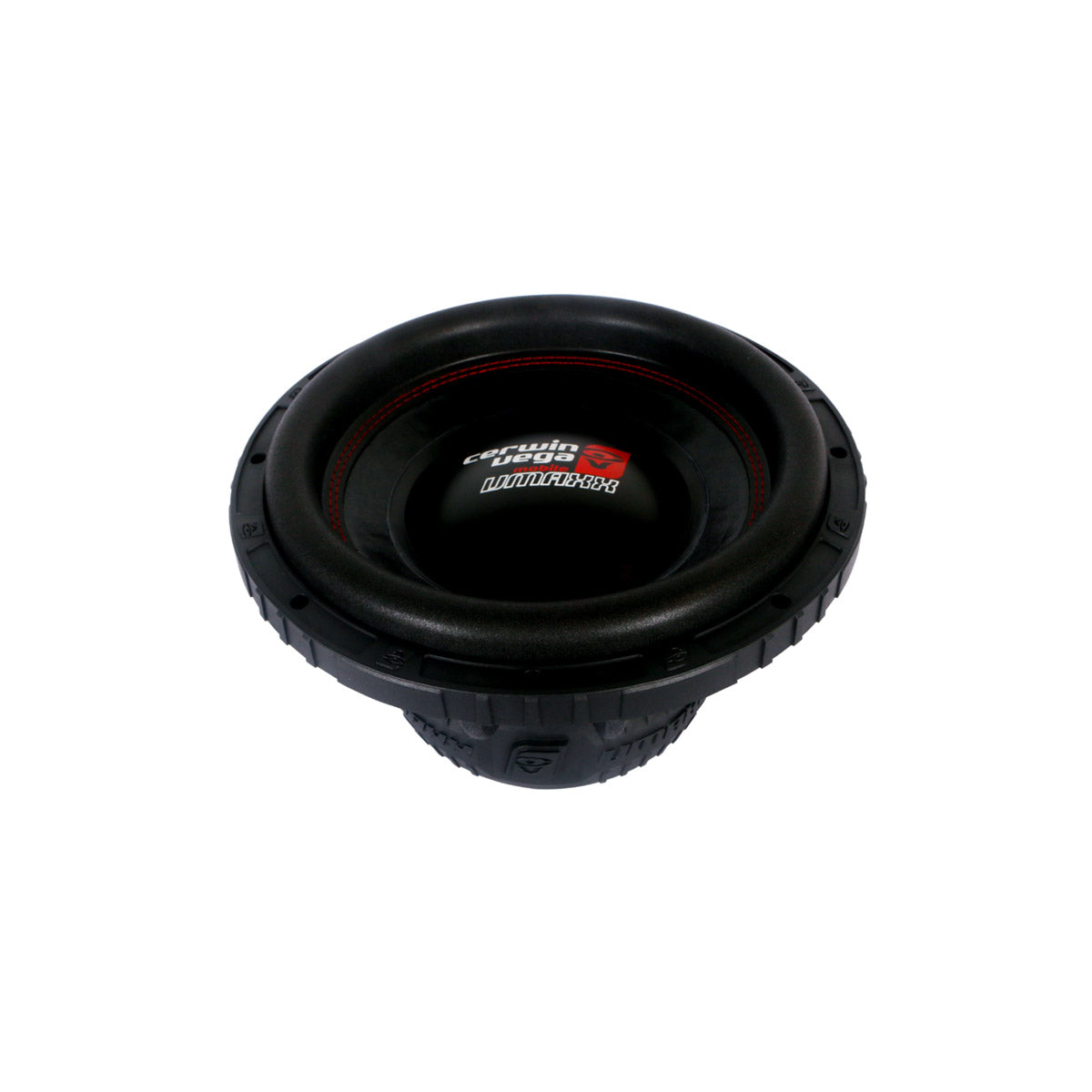 The VMAXX 15" DVC High-Performance Subwoofer (2Ω) - VMAX15D2 boasts a sleek circular design with a red and black logo, a textured rim for deep bass, a robust cone with rubber suspension for quality sound, and ridged exterior for grip, ideal for car audio enthusiasts.