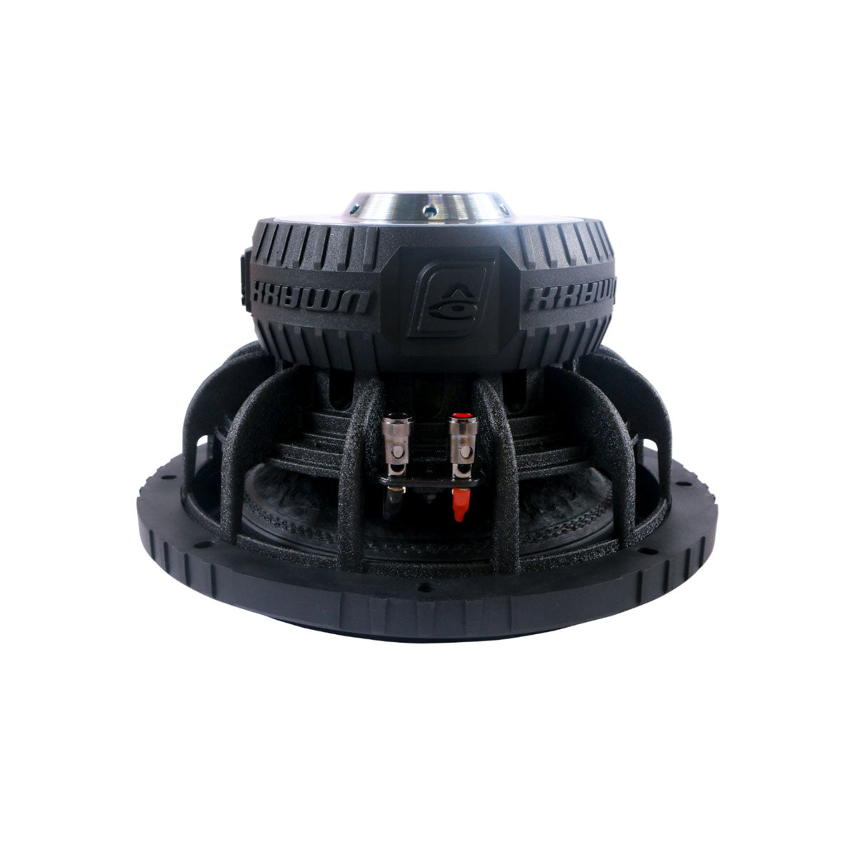 Image of the VMAXX 15" DVC High-Performance Subwoofer (2Ω) - VMAX15D2, featuring a black ribbed design with a central metallic cone, circular base, and red/black connectors. Designed for car audio enthusiasts, it has a textured casing with an emblem at the top center.