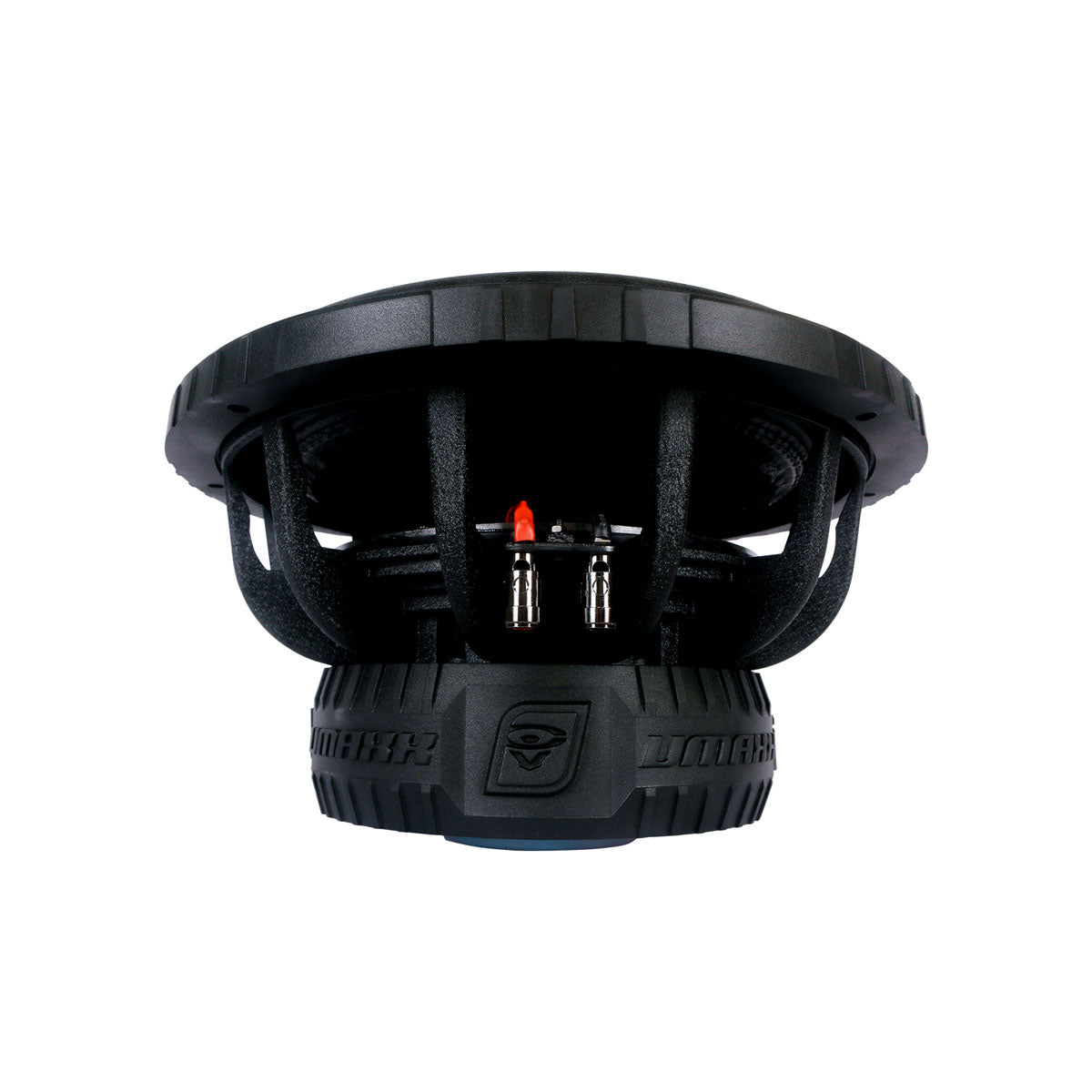 Close-up of the VMAXX 15" DVC High-Performance Subwoofer (2Ω) - VMAX15D2 against a white background. It features a circular frame with ribbed sides revealing its internals, branded text and logo at the bottom, and visible wiring connectors including a red terminal. Ideal for car audio enthusiasts!.
