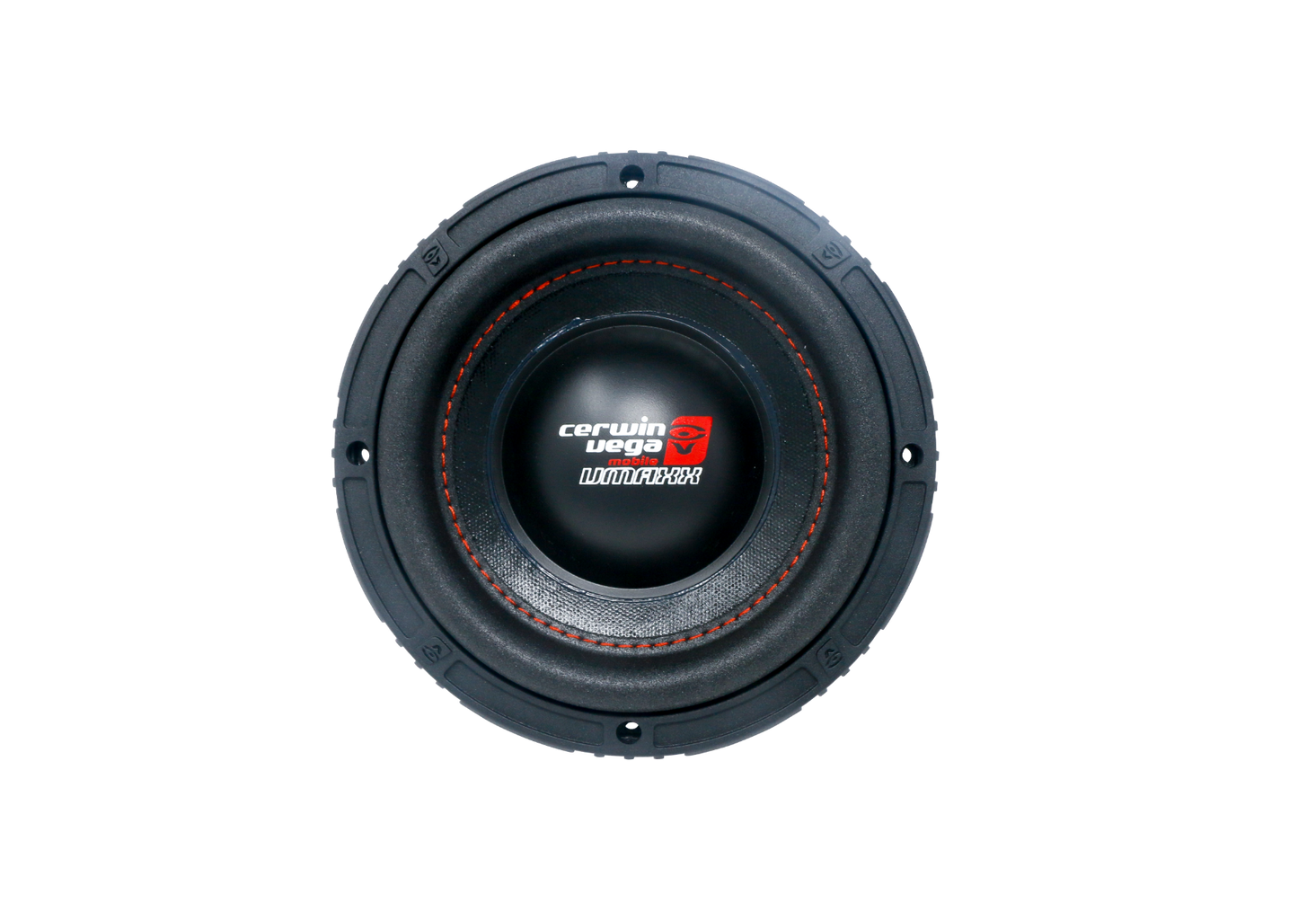 The VMAXX High Performance Subwoofer features a circular black cone with red stitching, displaying the Cerwin Vega logo and "VMAX S2" in the center. Its black outer frame has grooves and notches for mounting, and it's photographed on a white background.
