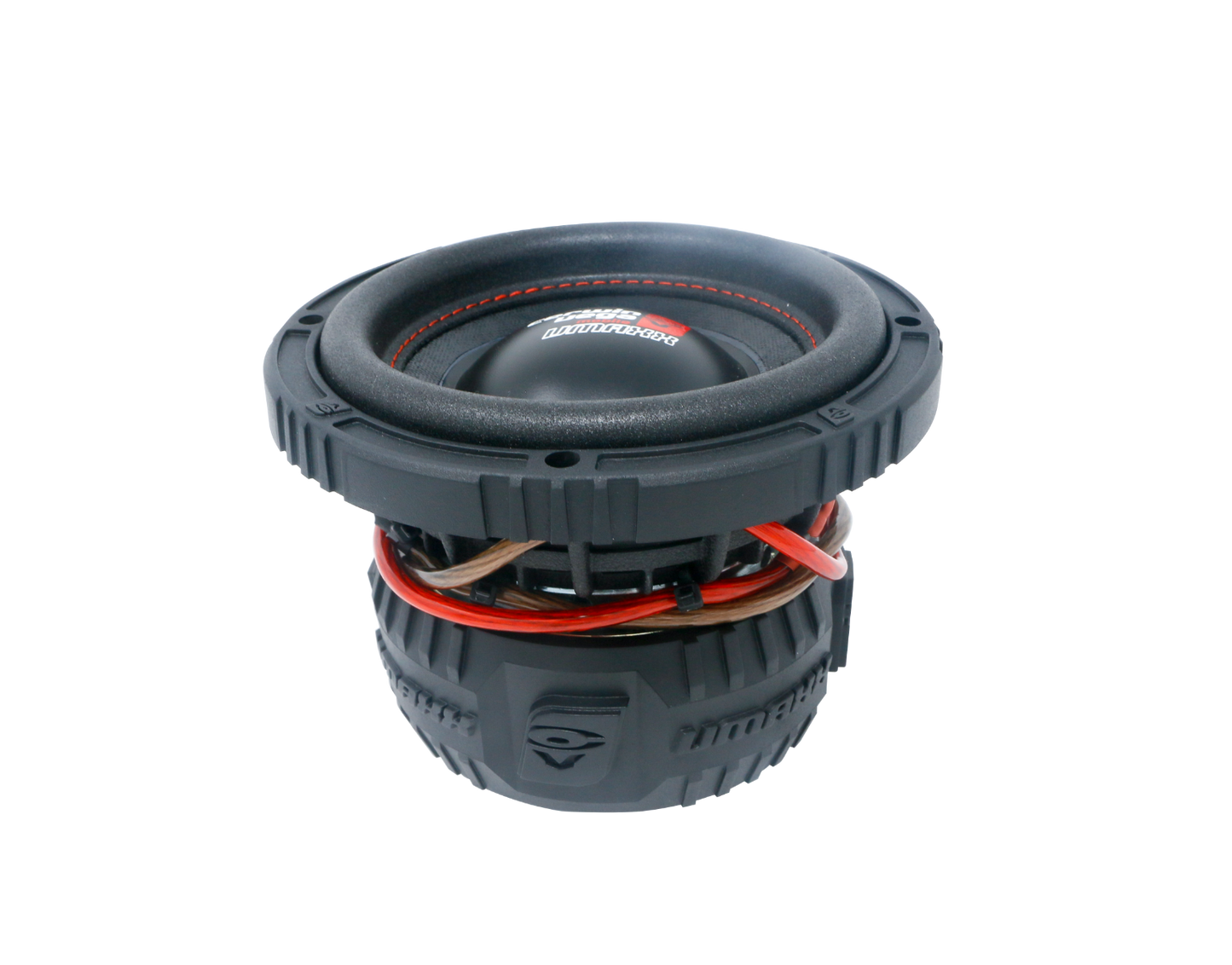 The VMAXX High Performance Subwoofer boasts a rugged black and gray textured exterior with coiled red wires around the middle. Its top features an indented circular speaker cone with a small, colorful logo at the center, emphasizing durability and power.