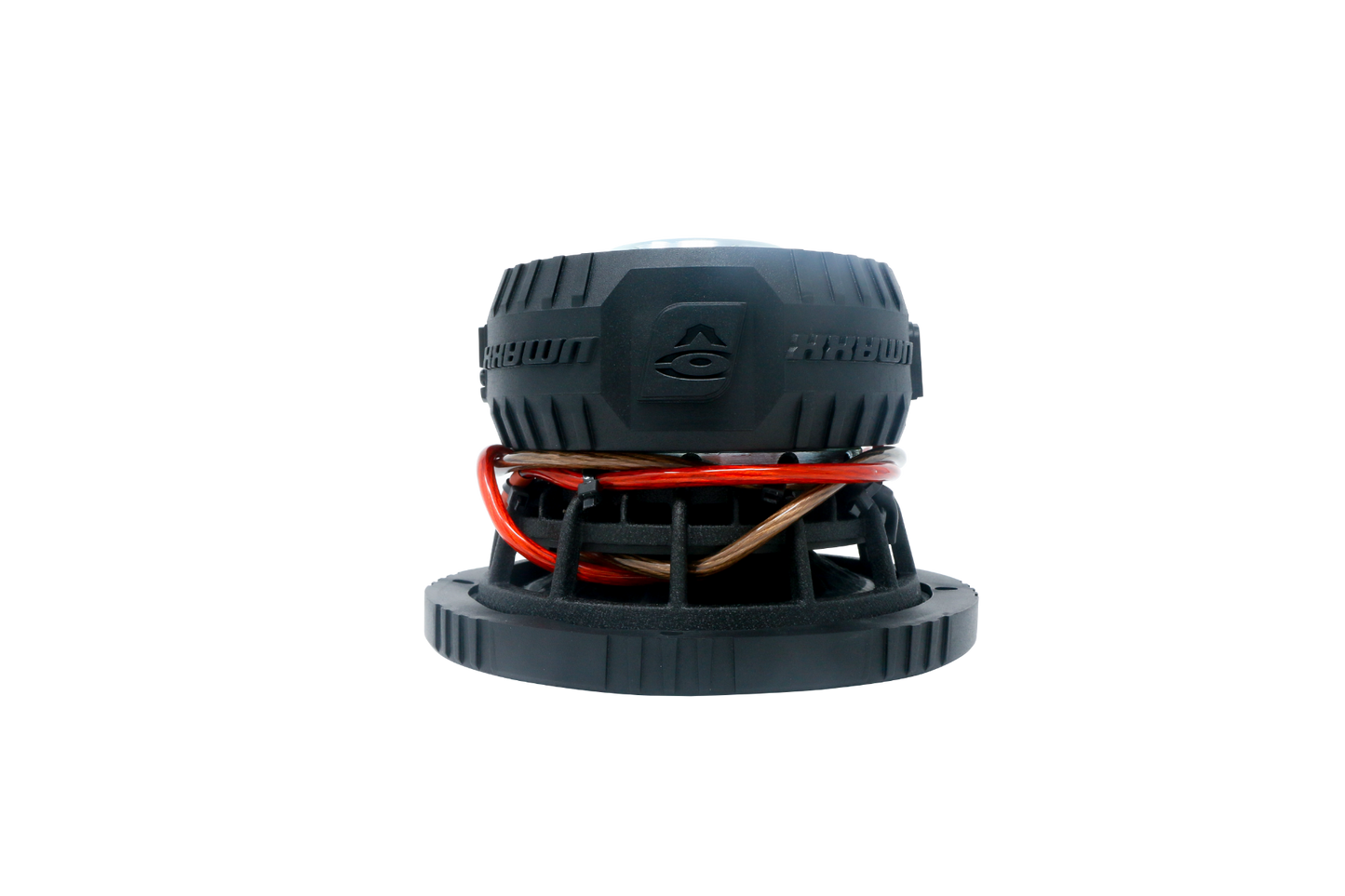 The VMAXX High Performance Subwoofer is a black, cylindrical audio component with a textured surface and a logo on top. Red and copper wires coil around its base with evenly spaced notches, all set against a plain white background.