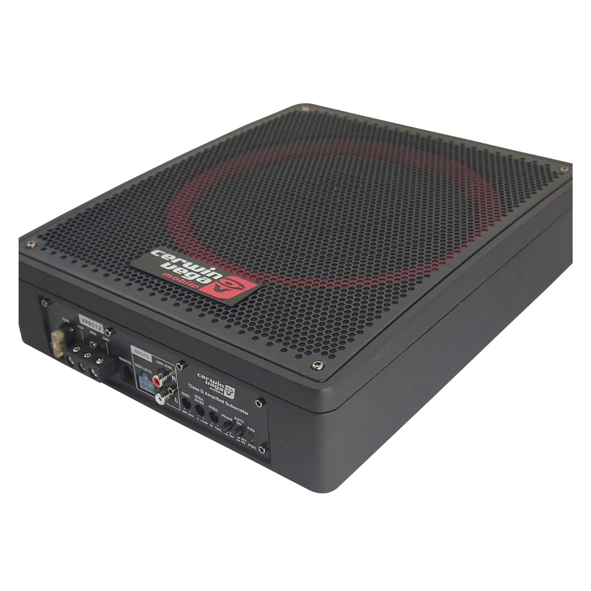The VEGA Active Subwoofer features a black, rectangular design with a perforated metal cover and red circle on top. The side includes input ports, control switches, and a volume dial, while the top displays a logo with red and white text.