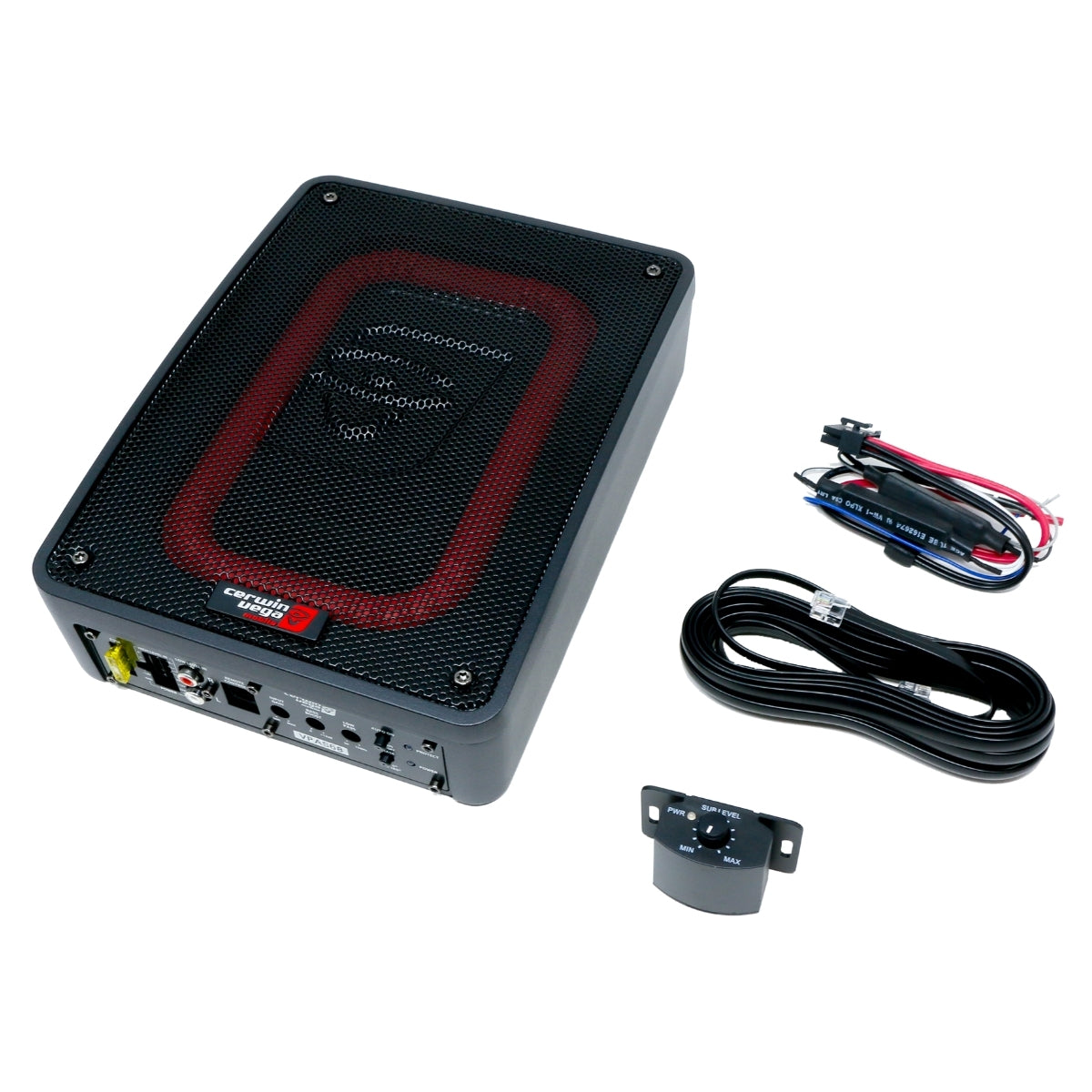 The VEGA Active Subwoofer is a compact black unit with a red mesh cover, side connectivity ports, controls, and comes with a wired remote control featuring a knob and LED indicator. It includes a black cable and bundled power/audio cables with connectors.