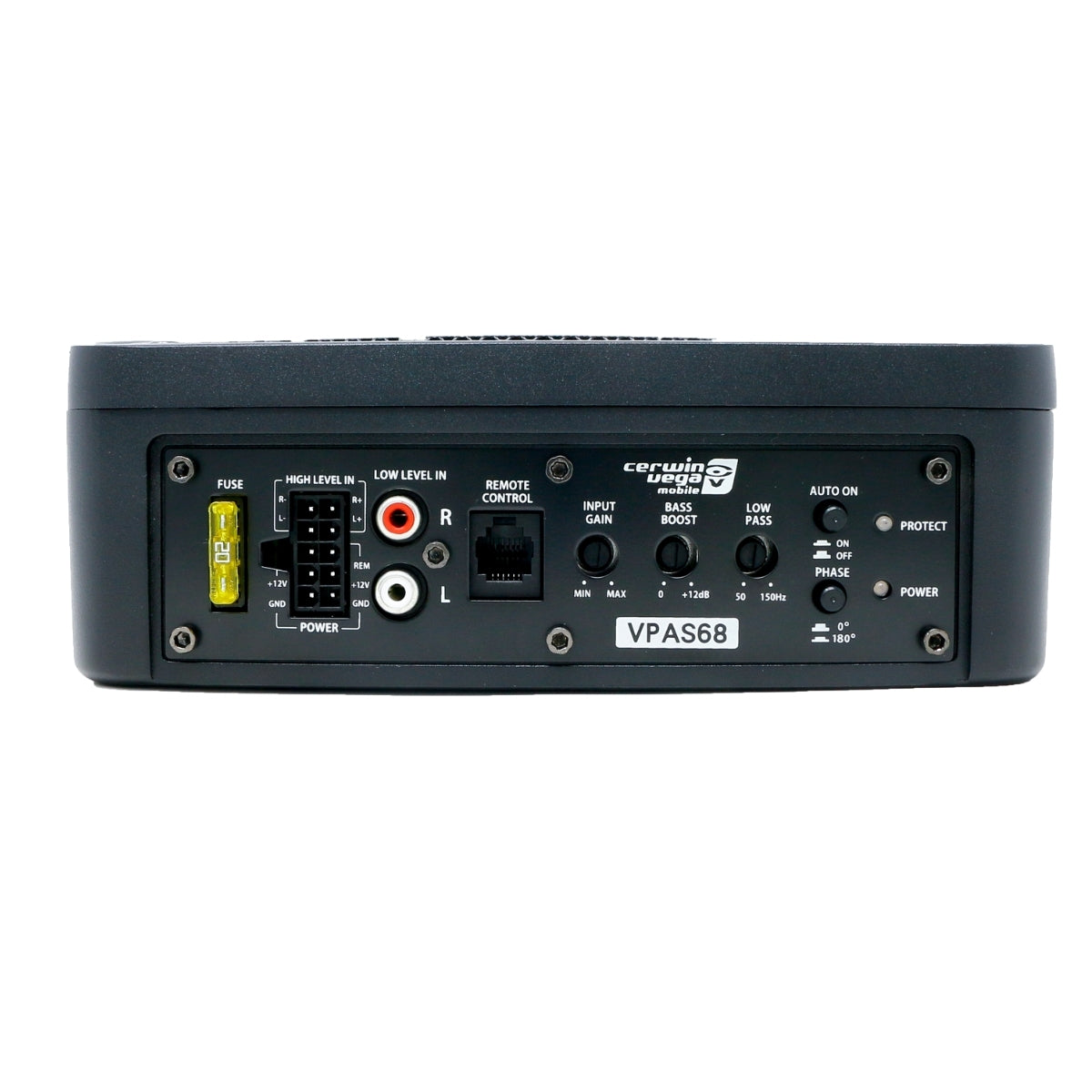 The VEGA Series Active 6"x8" Subwoofer Enclosure - VPAS68 features a back view showcasing various ports, including a fuse, speaker level inputs, remote control input, bass boost, gain control, low pass filter, phase switch, and power indicators as part of its Bass Solution Package.