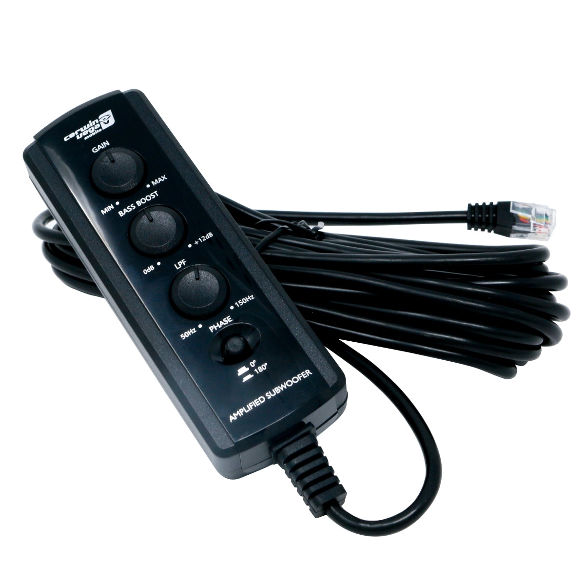 Close-up of a sleek, narrow black remote control for the VEGA 12" Shallow Spare Tire Powered Subwoofer - VPSTX12, featuring four round dials labeled Gain, Bass Boost, LPF, and Phase. It connects via an RJ45 connector with a long coiled cable.