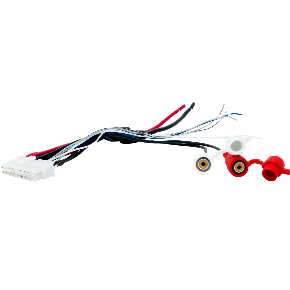 The VEGA 12" Shallow Spare Tire Powered Subwoofer - VPSTX12 is ideal for car audio systems, featuring multi-colored cables with a white plastic connector with multiple pins and three circular connectors—two red and one white—with protective caps.