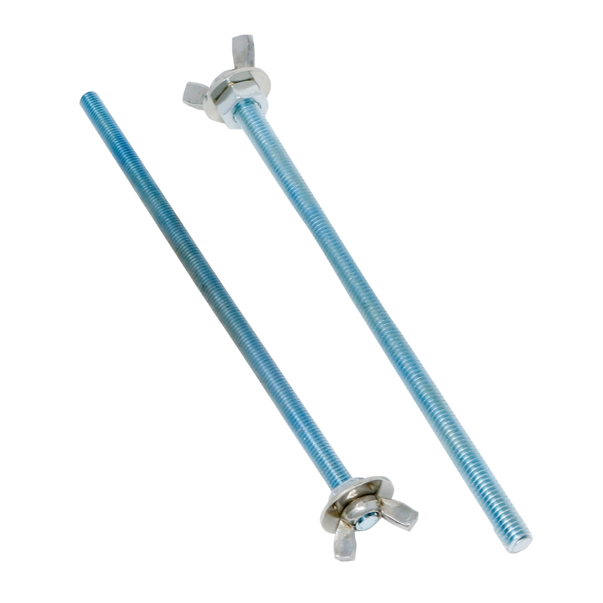 Two long threaded metal rods, perfect for securing the VEGA 12" Shallow Spare Tire Powered Subwoofer - VPSTX12. One rod includes a wing nut and washer for easy hand tightening, while the other is plain. Both rods are diagonally positioned against a white background to enhance your in-car audio experience.