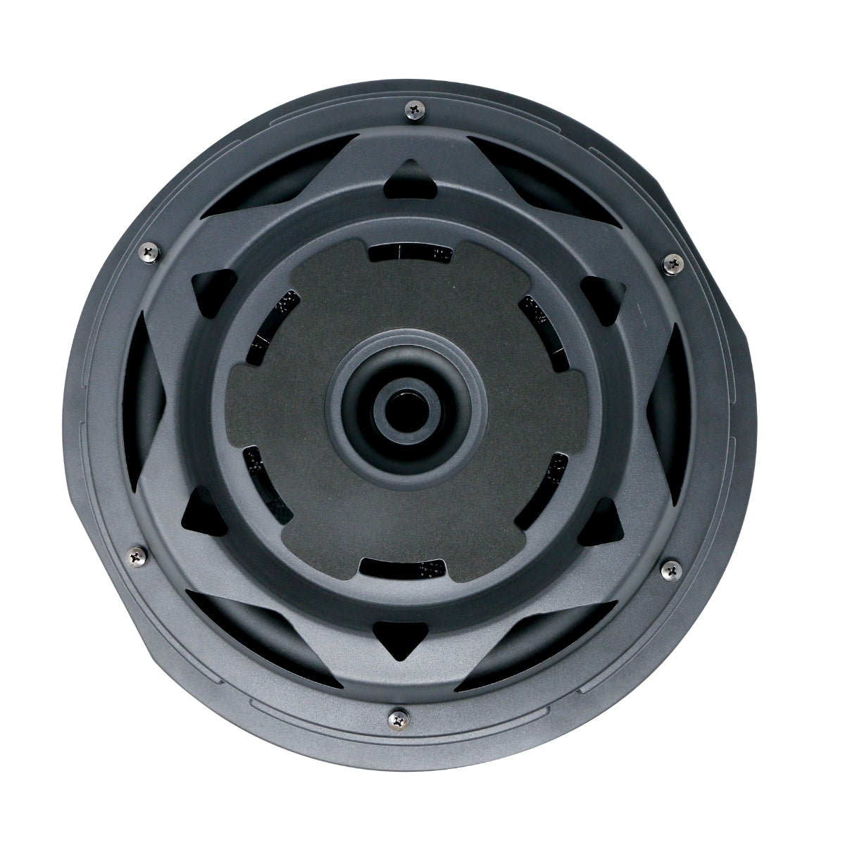 The VEGA 12" Shallow Spare Tire Powered Subwoofer - VPSTX12 is a round, gray metallic subwoofer with a central hollow cylinder, five triangular cutouts, and circular ridges. Six evenly spaced screws secure the matte finish structure.