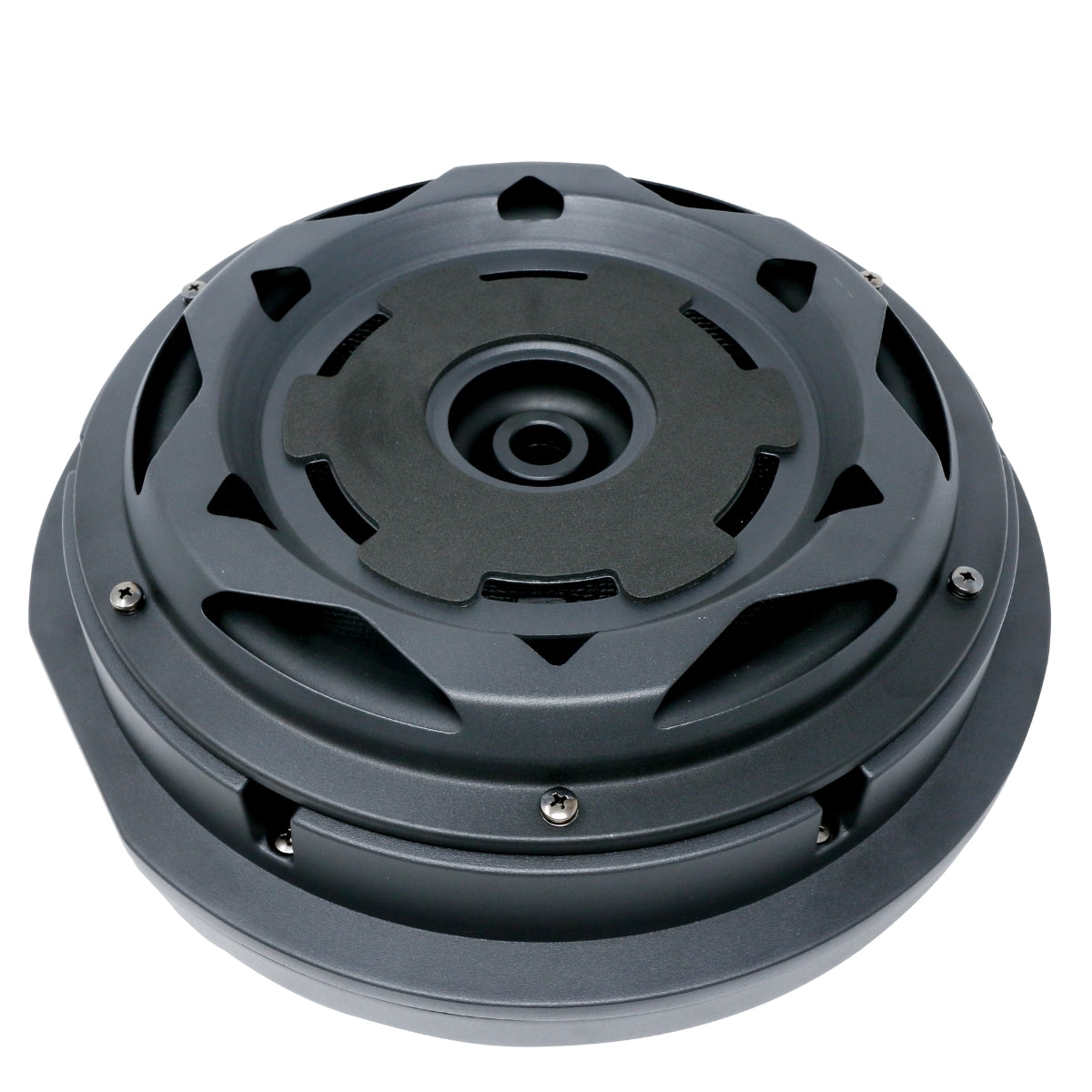 Close-up of the VEGA 12" Shallow Spare Tire Powered Subwoofer - VPSTX12. This metallic gray device features a central circular opening, multiple screws around its edge, and a textured surface. The grooves and ridges emphasize its industrial design, akin to Cerwin Vega car audio systems.