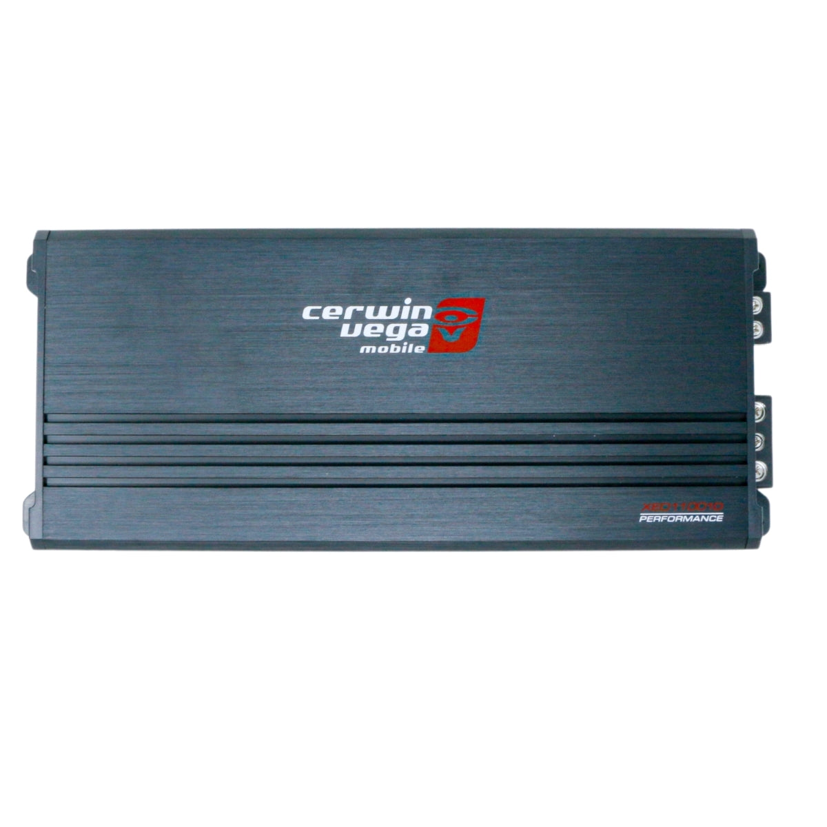 The XED Amplifiers by Cerwin Vega is a rectangular mobile amplifier with a matte black finish. The brand logo is prominently displayed in the upper center, and "High Performance" appears in smaller red text at the bottom right. Two corners on the right side protrude for connectivity.