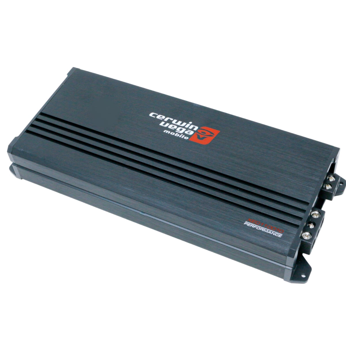 The XED Amplifier by Cerwin Vega features a gray metal casing with sleek black horizontal lines, a red Cerwin Vega logo with "mobile" beneath it on top, "Performance" on the side, and connection ports on the visible ends.