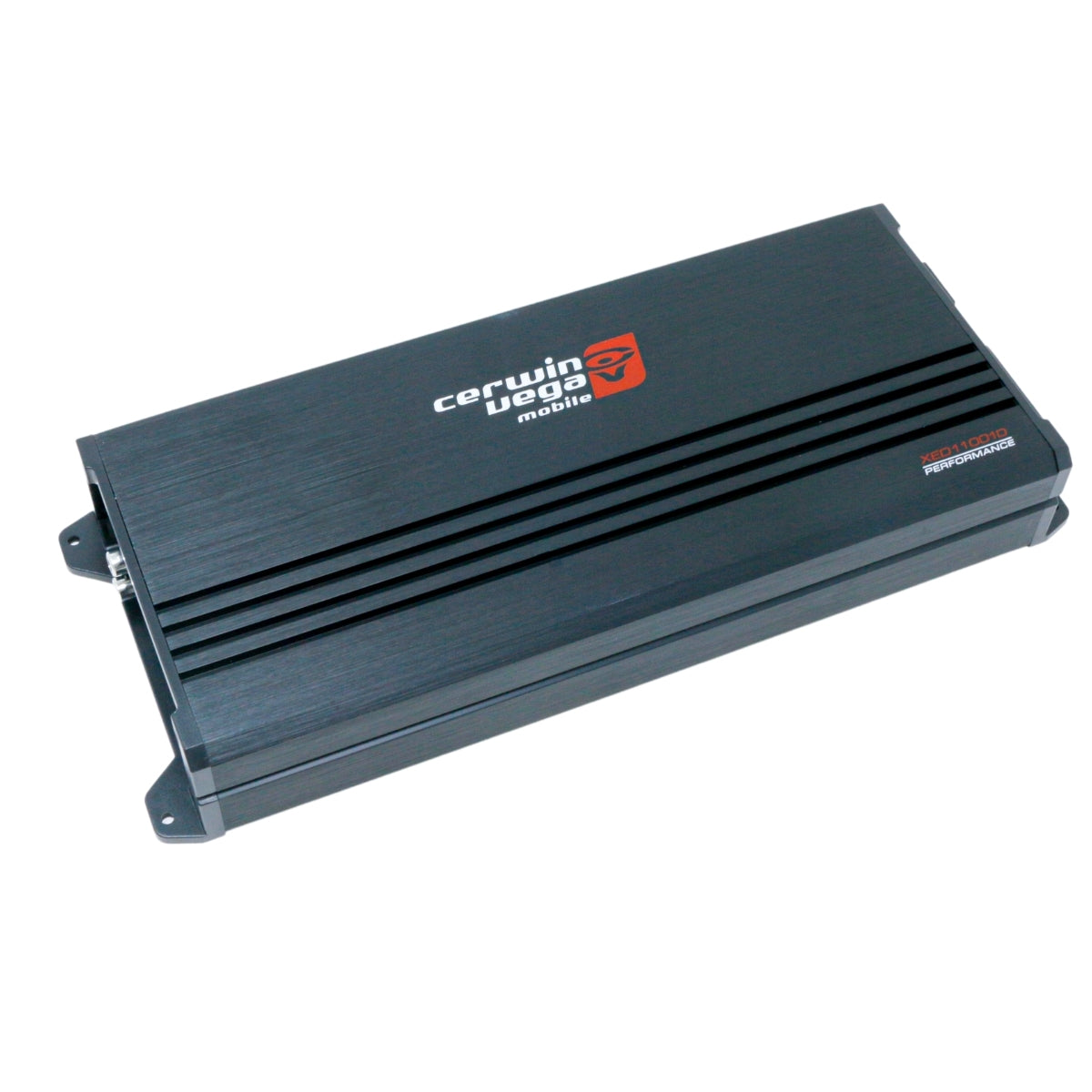 The Cerwin Vega XED Series 1-Channel Mono Block Class-D Amplifier, model XED11001D, features a rectangular black design with subtle texture, red and white logo text on top, "STROKER500.1D" in the corner, black grooves, and side mounting brackets—ideal for high-performance car audio.