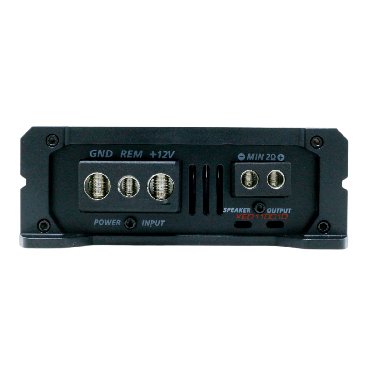 Close-up of a black terminal panel for the XED Series 1-Channel Mono Block Class-D Amplifier - XED11001D, showing labeled GND, REM, and +12V connections. It features input/output screws and a "MIN 2Ω" speaker output with "XED1100.1D" in red on the bottom right corner.