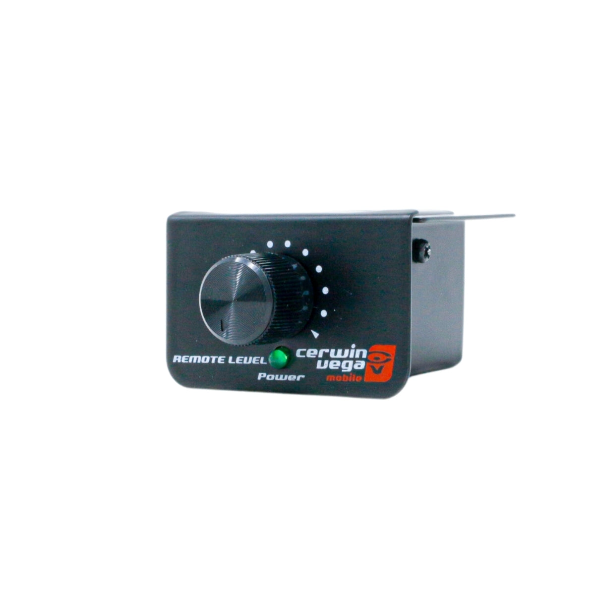 The black Cerwin Vega mobile audio remote level controller, ideal for XED11001D XED Series amplifiers, has a large central knob with white markings. "Remote Level" and "Power" are labeled near the Cerwin Vega logo, accompanied by a small glowing green LED.