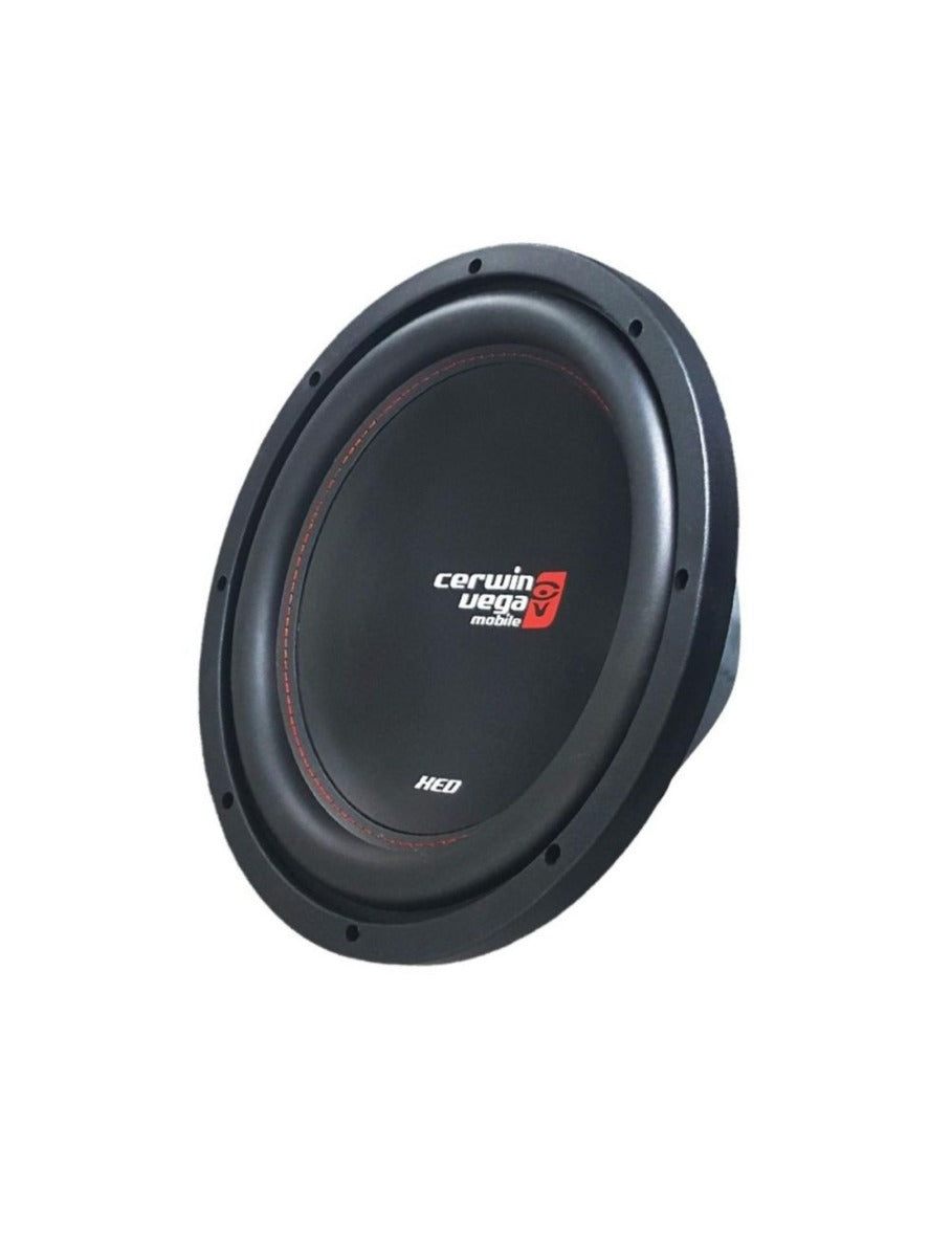 The XED Subwoofer is black with a concave face featuring red and white "Cerwin Vega Mobile" text. Its outer rim has evenly spaced mounting holes, and the design includes a sleek, modern look with a subtle red lining around the center.