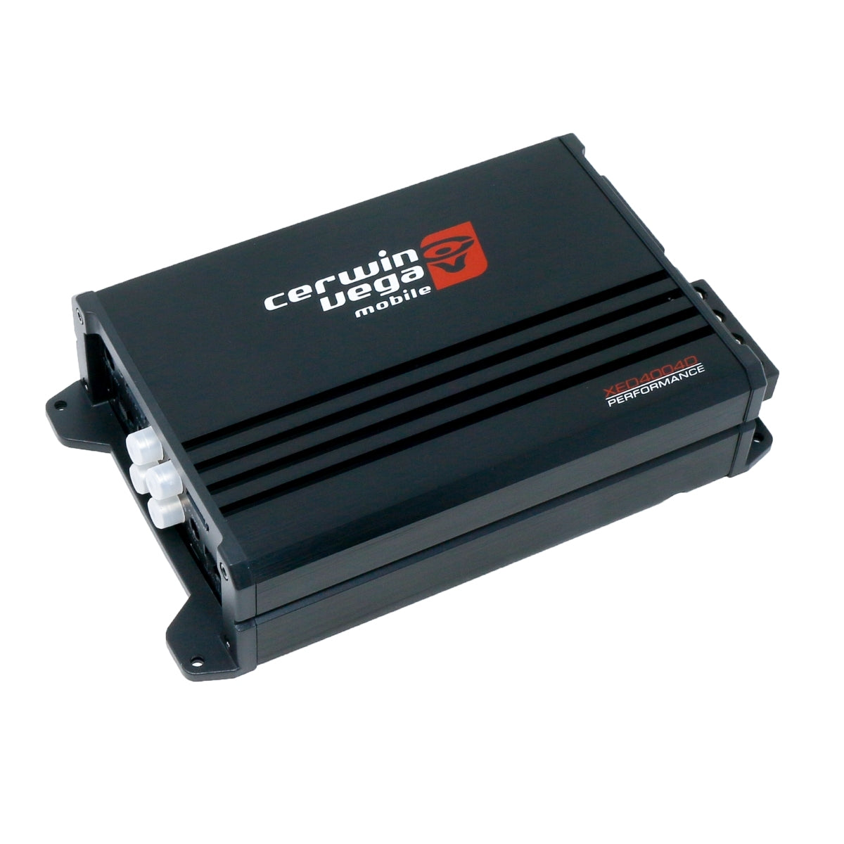 The XED Series 4-Channel Full Range Class-D Amplifier - XED4004D by Cerwin Vega is a black standout in Class D amps, with a red and white logo on top and four horizontal ridges. It displays "STROKER PERFORMANCE" on its side, has corner mounting brackets, and visible input/output ports.