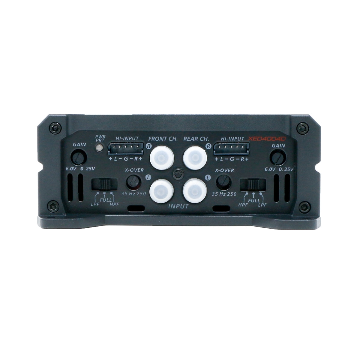 The XED Series 4-Channel Full Range Class-D Amplifier - XED4004D, a notable part of the series, features a sleek black panel with "Front Ch." and "Rear Ch." inputs, gain knobs, frequency crossover switches, and ports for flexible use in high-power audio systems.