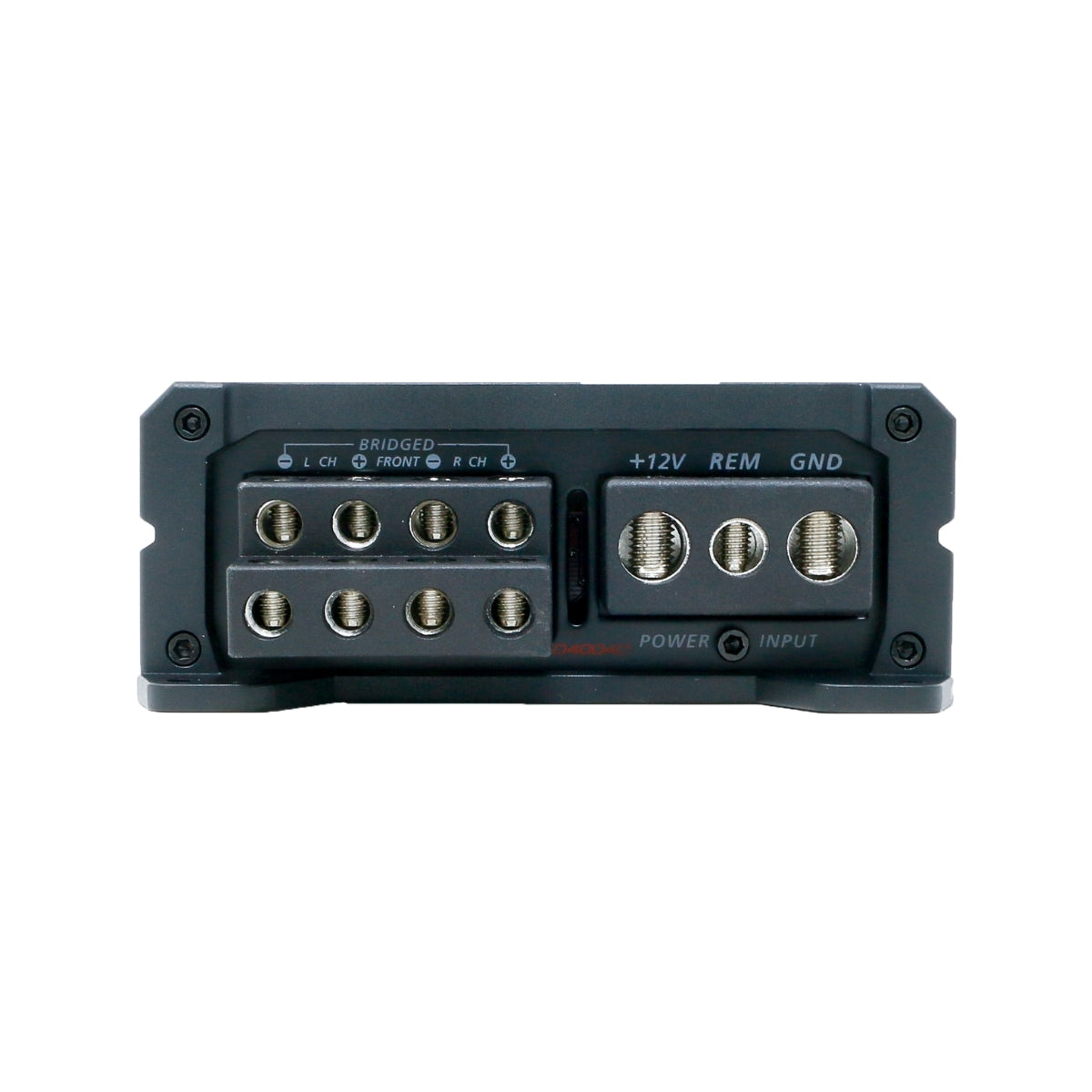 Close-up of the XED Series 4-Channel Full Range Class-D Amplifier (XED4004D) terminal, featuring screw-down speaker connectors labeled "BRIDGED" and "FRONT," plus power input terminals "+12V," "REM," and "GND." The sleek, compact black design highlights its rectangular shape.