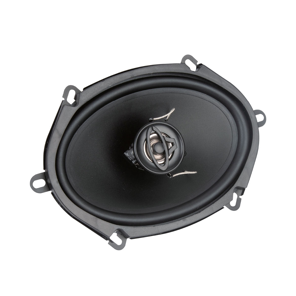 The oval-shaped, black Cerwin-Vega XED Series 5"x7" 2-way coaxial speakers, model XED57, feature a central tweeter and multiple mounting brackets. Ideal for car or home audio with a sleek design; the outer rim encases the cone for a sturdy structure.