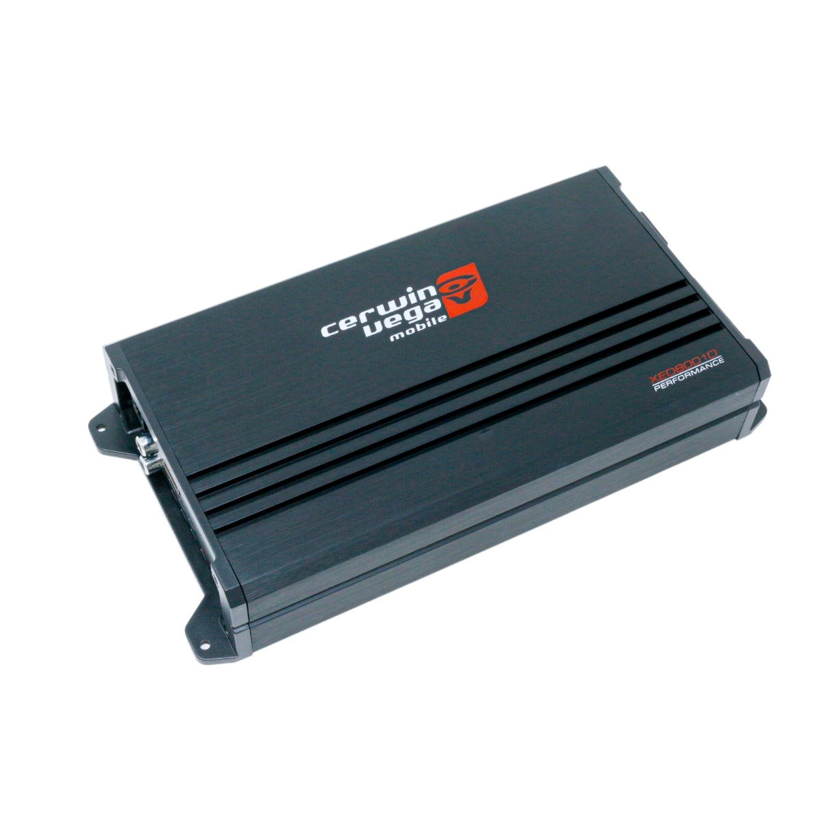 The XED8001D, part of the XED Series, is a black and gray rectangular car amplifier with a red Cerwin Vega logo at the top left. White text reads "Cerwin Vega Mobile," and ridges cover its surface. The edges feature mounting brackets, while the label "Class-D Monoblock Amplifier" appears in red and white at the lower right corner.