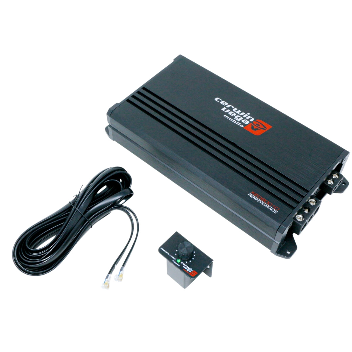 Image of the XED Series Class-D Mono Amplifier (XED8001D) by Cerwin Vega. The sleek black unit displays the red and white logo, characteristic of the High-Performance Car Audio XED Series. A coiled black cable is on the left, with a logo-adorned control device featuring a dial below.