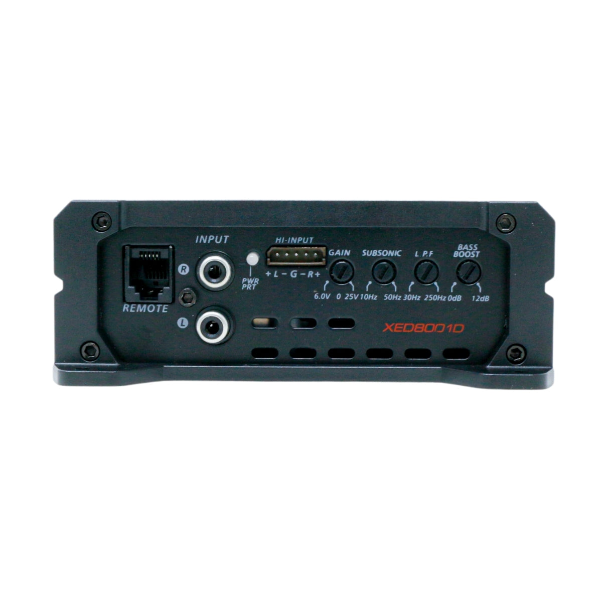 Close-up of a high-performance Class-D amplifier from the Cerwin-Vega XED Series, showcasing labeled inputs and controls. Features include a remote input, two RCA inputs, high input switch, gain and subsonic controls, low-pass filter, and bass boost. Model number XED8001D is printed in red on the right side.