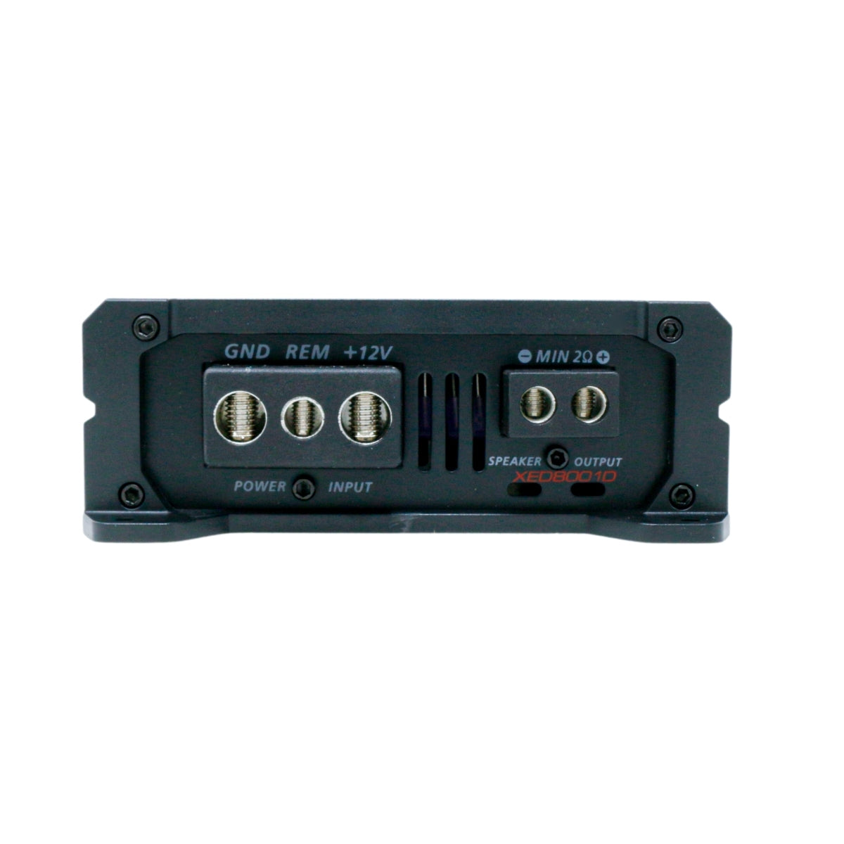 Close-up of a high-performance car audio amplifier terminal. It features three labeled connectors: GND, REM, +12V, and a speaker output (MIN 2Ω). The Cerwin-Vega XED Series branding "XED8001D" and Class-D markings for "POWER" and "INPUT" are visible in the black casing.