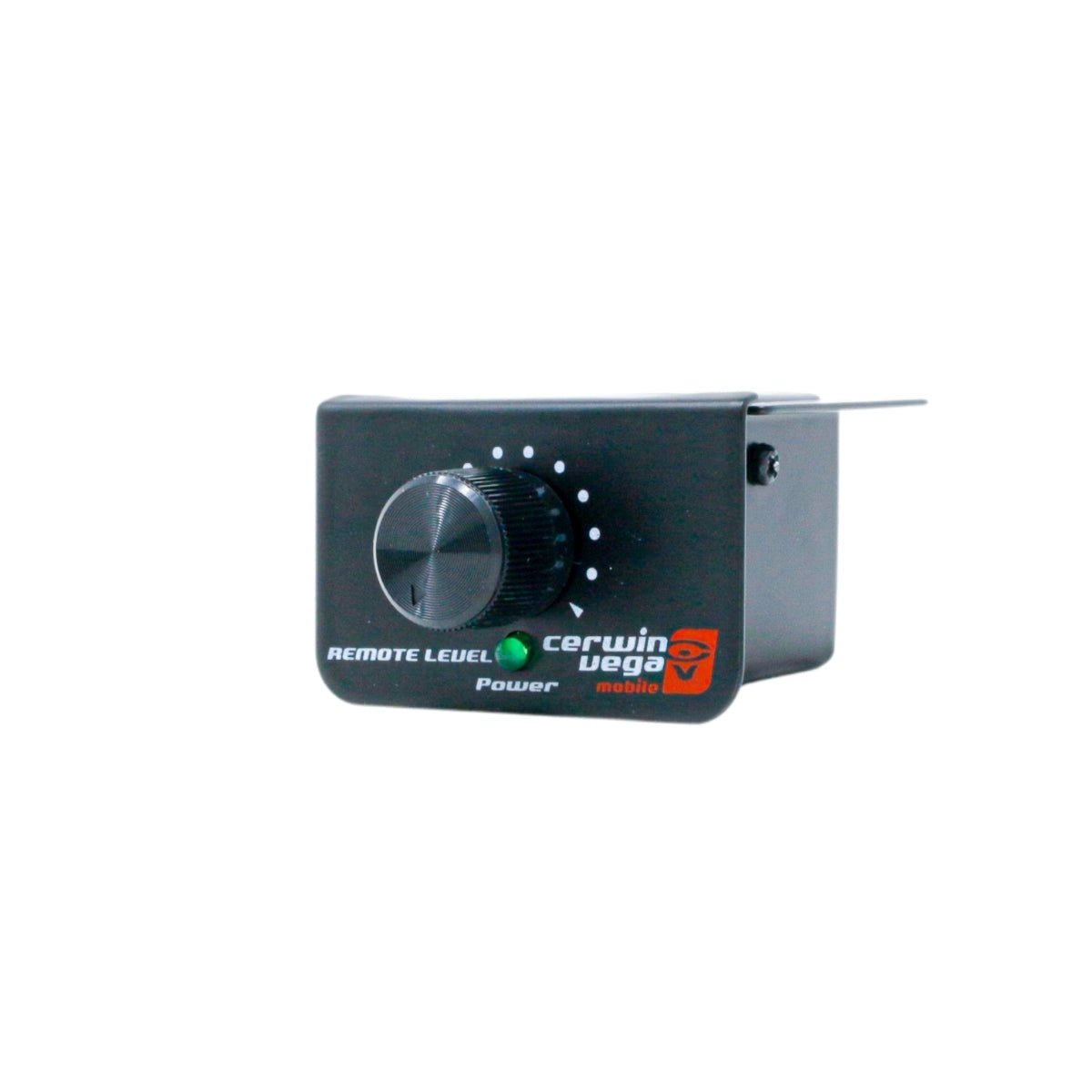 The XED Series Class-D Mono Amplifier 1100W Max - XED8001D features a black remote level control knob with the Cerwin Vega logo in red and white. "Remote Level" and "Power" text are on the panel, alongside a green indicator light, set against a white background with a metal mounting bracket.