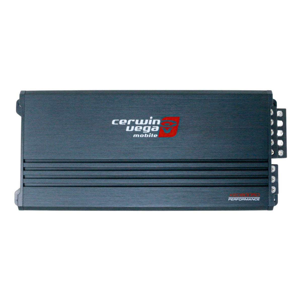 The XED Amplifiers by Cerwin Vega feature a sleek, rectangular black design with horizontal grooves and the brand's red and white logo centered. Input and output terminals offer various connectivity options on the right side.