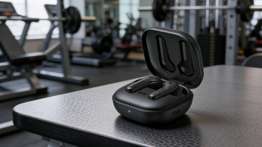 Cerwin-Vega! VEGABUDS EB1 True Wireless Noise Canceling Earbuds and charging case on a gym table