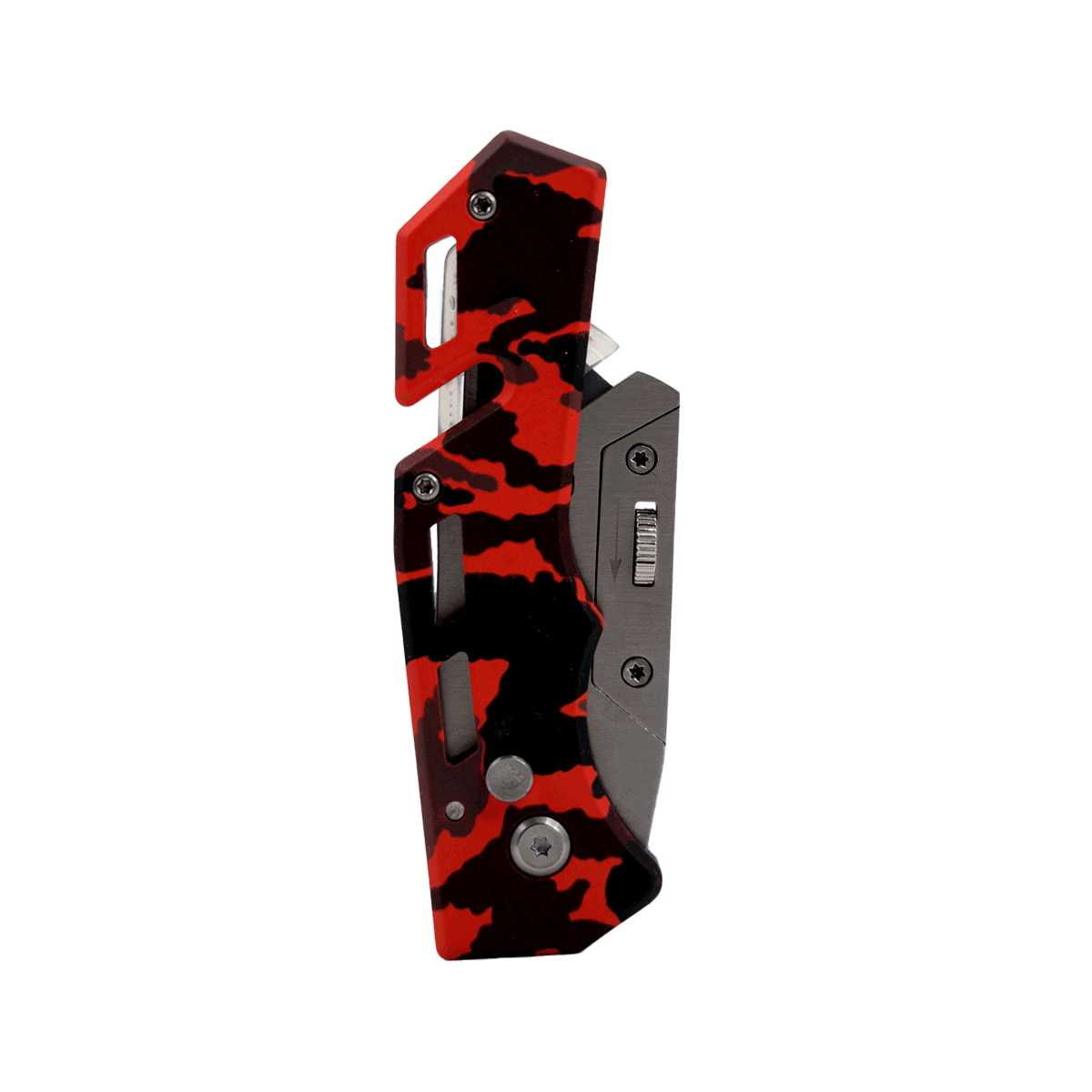 The Cerwin Vega Pocket Knife, sharp and bold, boasts a red and black camo-patterned handle with an ergonomic grip. Its premium stainless steel blade features a metallic finish, rugged cutouts, and visible screws for easy handling.