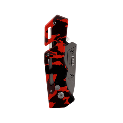 The Cerwin Vega Pocket Knife, sharp and bold, boasts a red and black camo-patterned handle with an ergonomic grip. Its premium stainless steel blade features a metallic finish, rugged cutouts, and visible screws for easy handling.