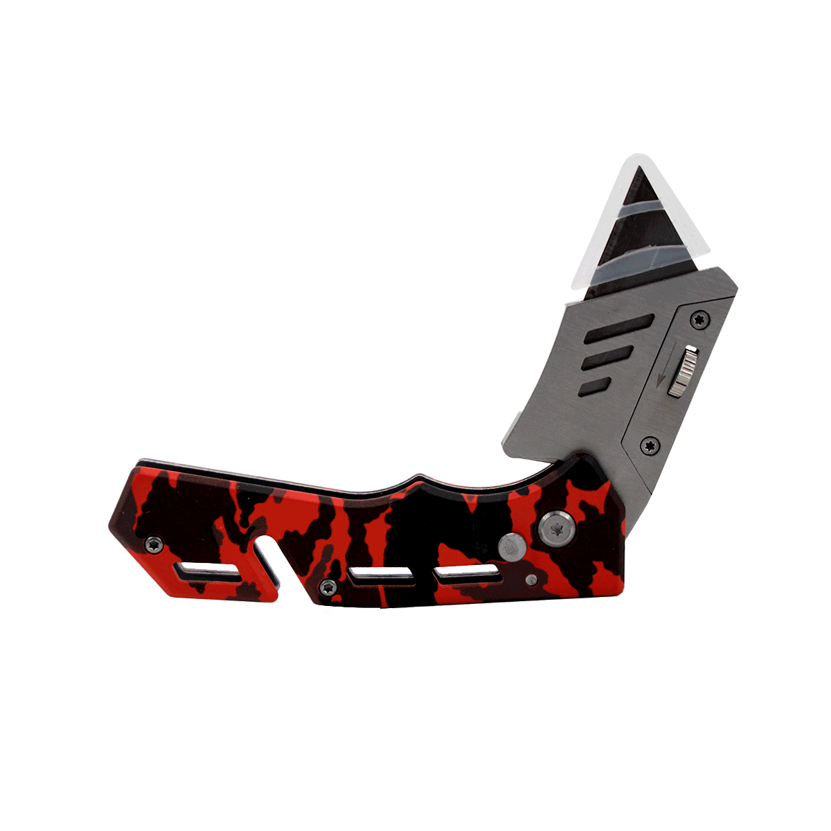 The Cerwin Vega Pocket Knife boasts a futuristic, angular design with a black and red camouflage handle. Its premium stainless steel blade, partially open, features a geometric cut-out near the pivot. Enhanced by a locking mechanism and textured grip, this knife is sharp, bold, and built for action!.