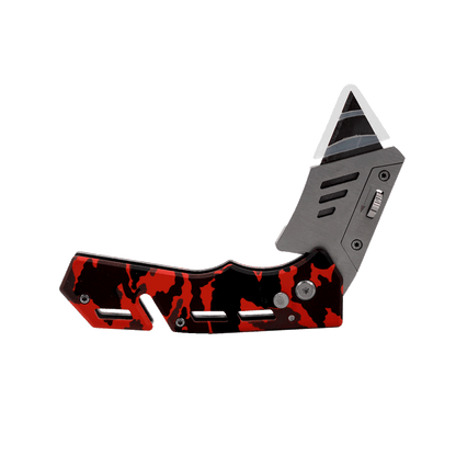 The Cerwin Vega Pocket Knife boasts a futuristic, angular design with a black and red camouflage handle. Its premium stainless steel blade, partially open, features a geometric cut-out near the pivot. Enhanced by a locking mechanism and textured grip, this knife is sharp, bold, and built for action!.