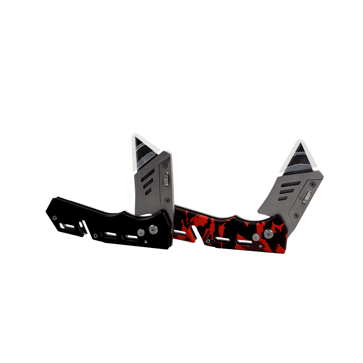 The Cerwin Vega Pocket Knife features futuristic angular blades and a sleek design. The left is primarily black, while the right boasts a striking red and black pattern. Both have metallic accents with geometric shapes and premium stainless steel blades positioned apart, facing upward.