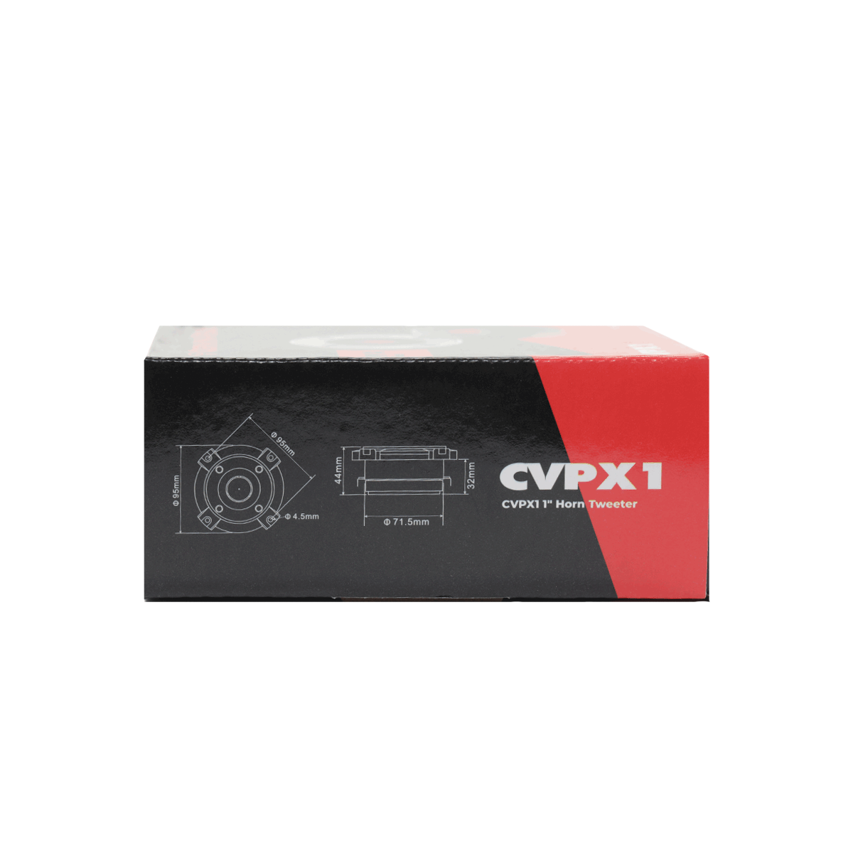 The CVPX1 - CVPX Series 1" Bullet Horn Tweeter box highlights its sleek black and red design with technical drawings detailing precise dimensions. "CVPX1" is prominently displayed in white, emphasizing this standout model from the CVPX Series Coaxial Speakers.