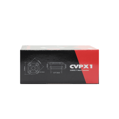 The CVPX1 - CVPX Series 1" Bullet Horn Tweeter box highlights its sleek black and red design with technical drawings detailing precise dimensions. "CVPX1" is prominently displayed in white, emphasizing this standout model from the CVPX Series Coaxial Speakers.