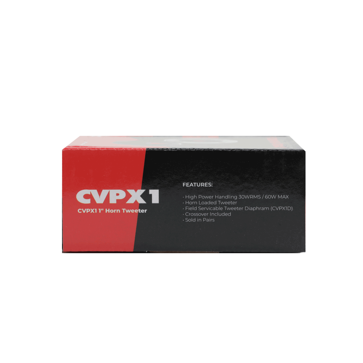 The image displays a rectangular product box for the CVPX1 1" Bullet Horn Tweeter, from the CVPX Series Coaxial Speakers. The black box with red and white designs emphasizes high power handling, horn-loaded tweeters, replaceable diaphragm, an included crossover, and pair packaging.