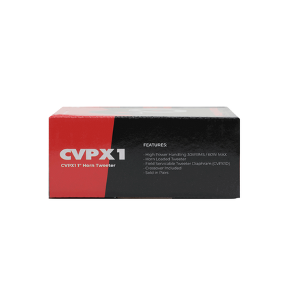 The image displays a rectangular product box for the CVPX1 1" Bullet Horn Tweeter, from the CVPX Series Coaxial Speakers. The black box with red and white designs emphasizes high power handling, horn-loaded tweeters, replaceable diaphragm, an included crossover, and pair packaging.