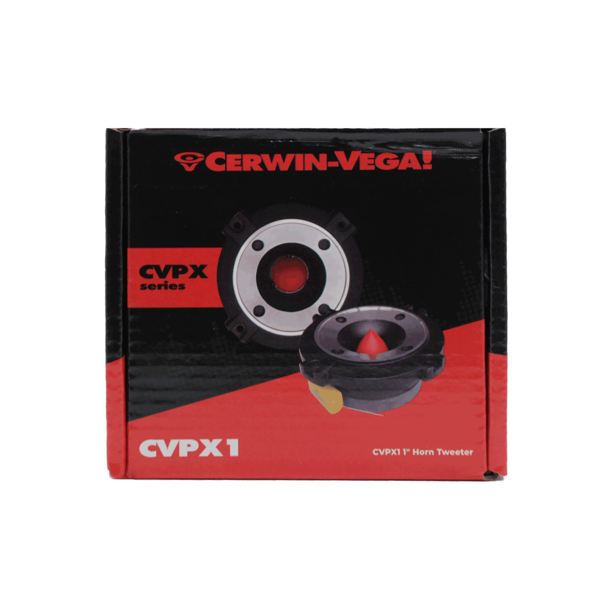 The image shows a box for the CVPX1 - CVPX Series 1" Bullet Horn Tweeter by Cerwin-Vega. The red and black design includes photos of the tweeter and the Cerwin-Vega logo at the top, emphasizing "CVPX Series" and "CVPX1 1' Horn Tweeter.