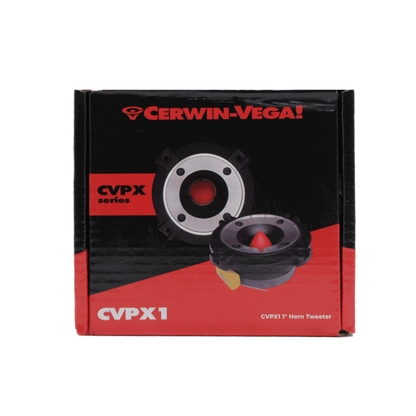 The image shows a box for the CVPX1 - CVPX Series 1" Bullet Horn Tweeter by Cerwin-Vega. The red and black design includes photos of the tweeter and the Cerwin-Vega logo at the top, emphasizing "CVPX Series" and "CVPX1 1' Horn Tweeter.