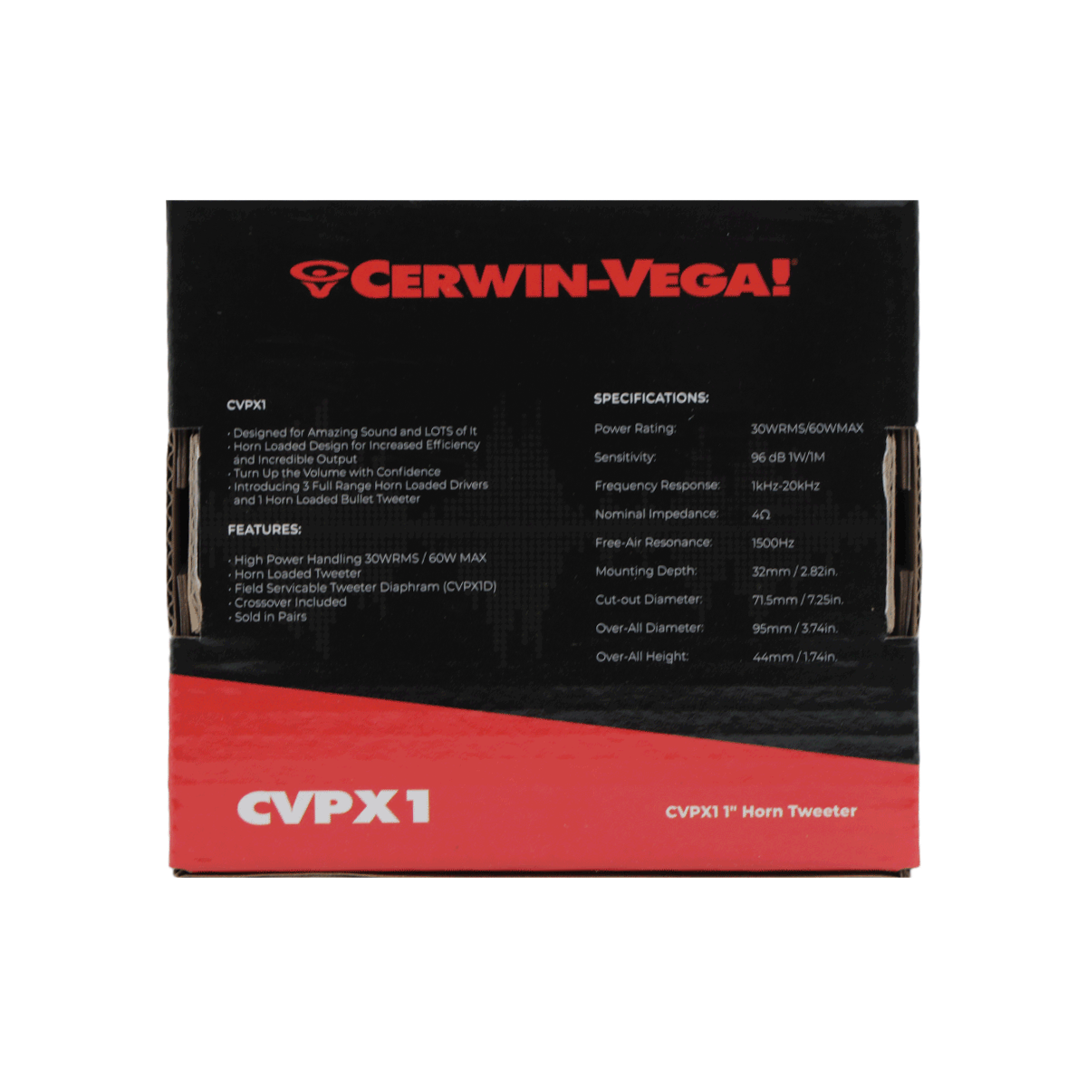 The CVPX1 box is striking, with a black upper part displaying the red Cerwin-Vega logo. The vibrant red below highlights "CVPX1" in bold white, and the specifications and power ratings for this 1" bullet horn tweeter are clearly detailed.