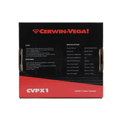 The CVPX1 box is striking, with a black upper part displaying the red Cerwin-Vega logo. The vibrant red below highlights "CVPX1" in bold white, and the specifications and power ratings for this 1" bullet horn tweeter are clearly detailed.