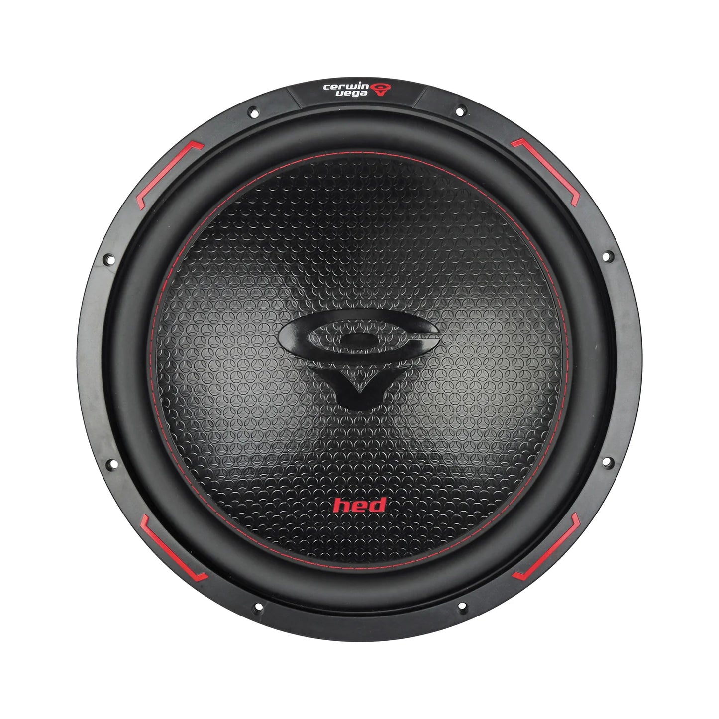 Close-up of a black Cerwin Vega HED 2025 Edition Subwoofer, model H15DV4. It features a textured, honeycomb-patterned cone with the red Cerwin Vega logo at the top and "hed" in red at the bottom. The subwoofer has a circular ribbed rubber surround and small red accents around the edge.