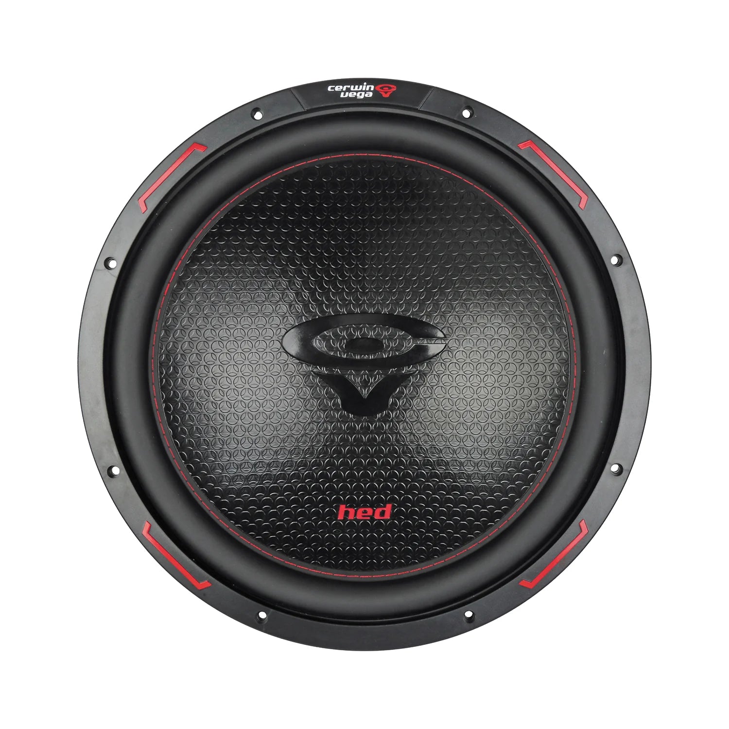 Close-up of a black Cerwin Vega HED 2025 Edition Subwoofer, model H15DV4. It features a textured, honeycomb-patterned cone with the red Cerwin Vega logo at the top and "hed" in red at the bottom. The subwoofer has a circular ribbed rubber surround and small red accents around the edge.