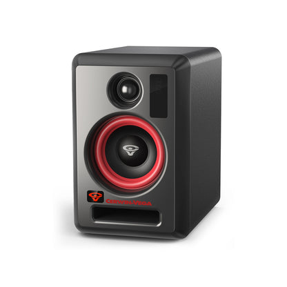 The VEGA4SB-PR 4" 2-Way Studio Monitor Pair features a sleek black and gray design with a glossy front, small circular tweeter above a larger red-rimmed woofer, and the vibrant red Cerwin-Vega logo. It integrates Bluetooth 5.0 and advanced Digital Signal Processing for superior sound quality.